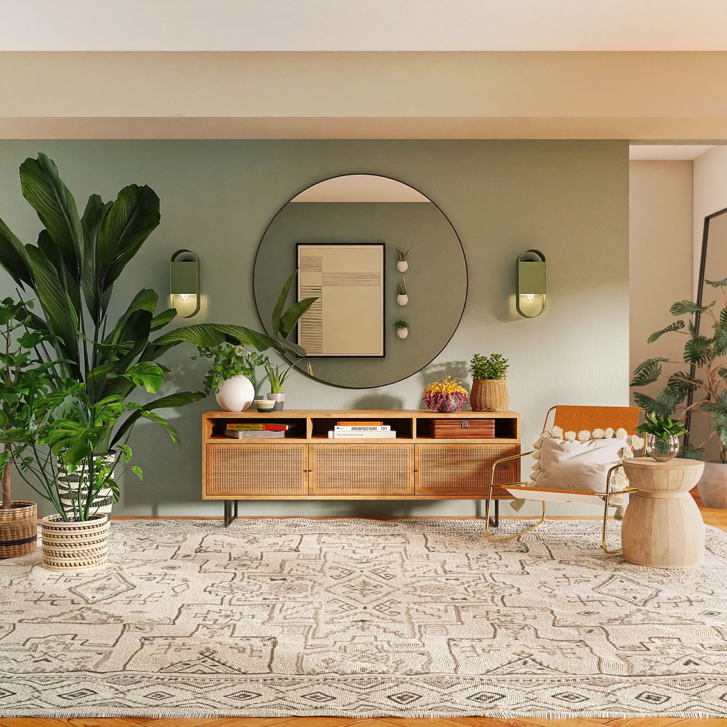 Living room with a round mirror, sideboard and plants