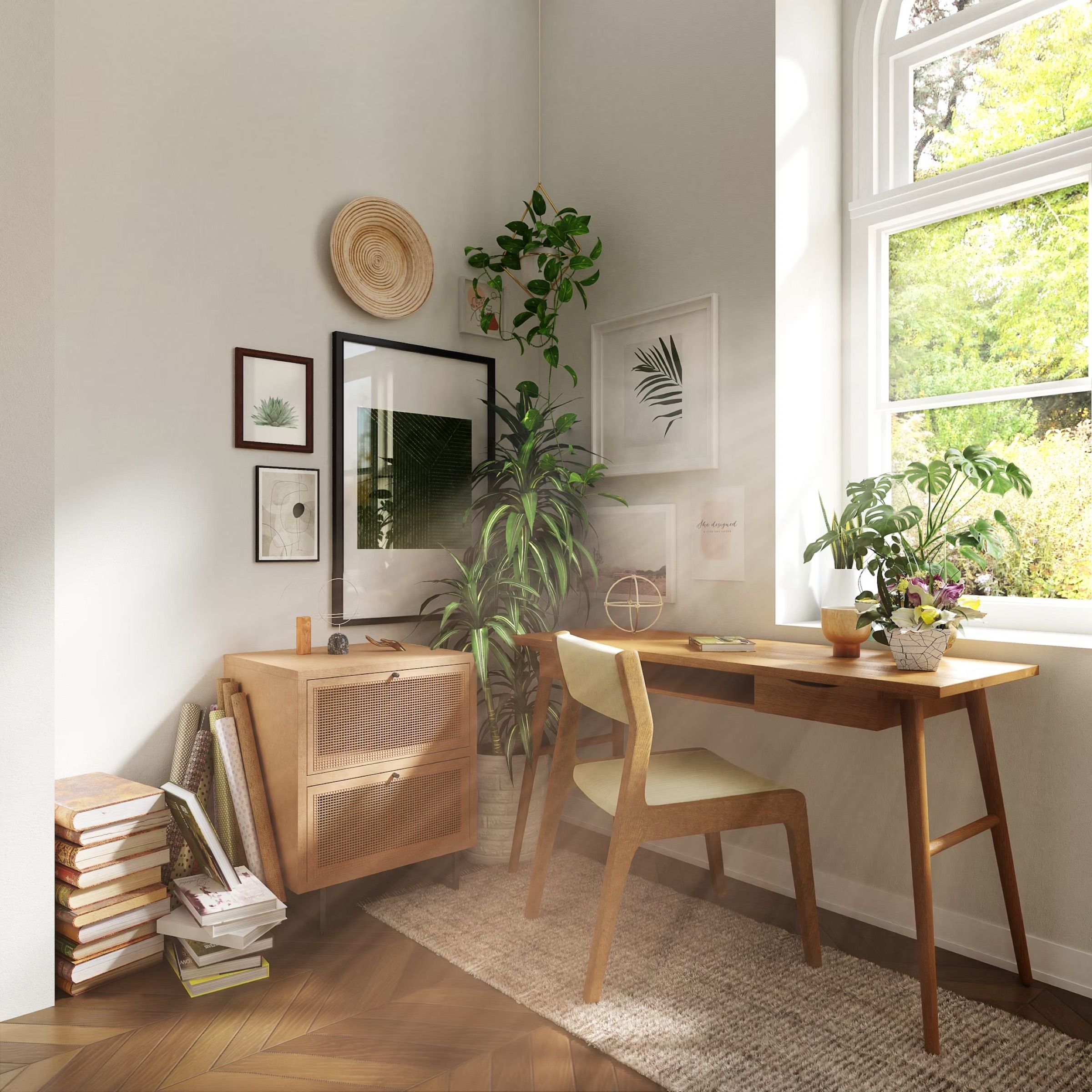 Bright corner with a wooden desk, chair, plants and framed pictures
